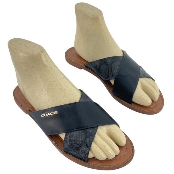 Coach Hilda Black/Brown Leather Slide Sandals Women’s Size 7 Pre-Owned - Picture 1 of 6